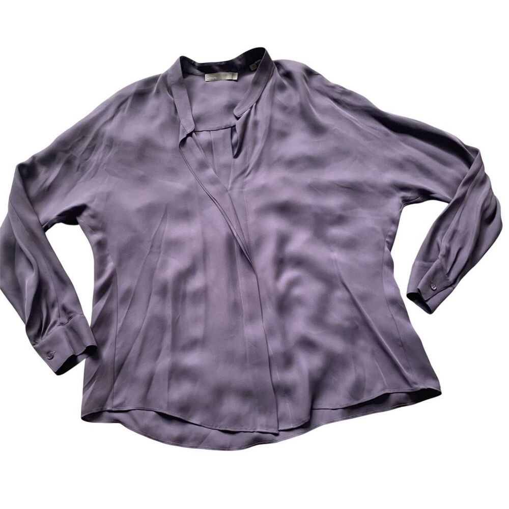 Vince 100% Silk Band Collar purple Sateen Blouse Shirt Top sz 8